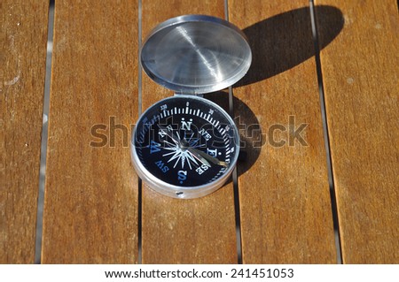 The compass on the boards. Open the magnetic compass lies on the dark wooden boards