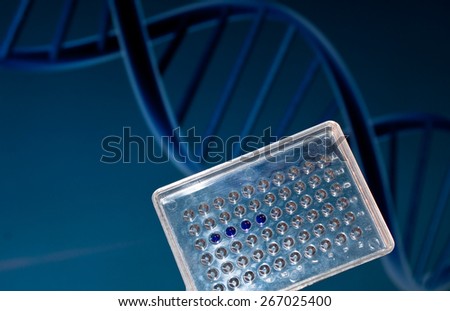 DNA testing in the laboratory. Well plate with samples on the background of the DNA sequence.