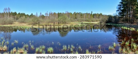 Panoramic landscape forest river in spring season in the national Park of Russia.