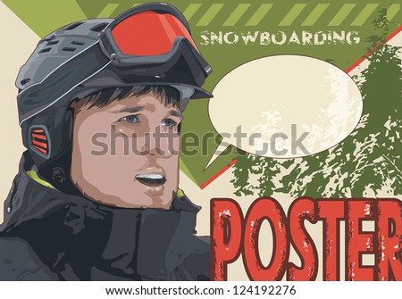 Old snowboarding vintage poster, winter sports vector illustration