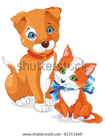 Cute Cartoon Cats on Stock Vector   A Cute Cartoon Dog And Cat  Puppy And Kitten Being