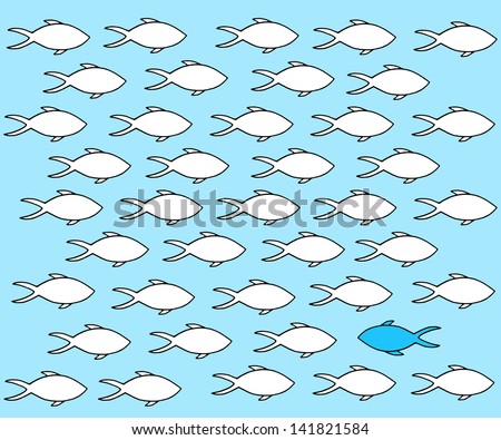 A fish swim in opposite direction from a school of fish, dare to be different concept