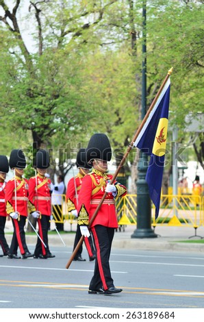 BANGKOK - APRIL 9: Soldiers in parade uniforms marching during the royal funeral of Her Royal Highness Princess Bejaratana on April 9, 2012 in Bangkok, Thailand.