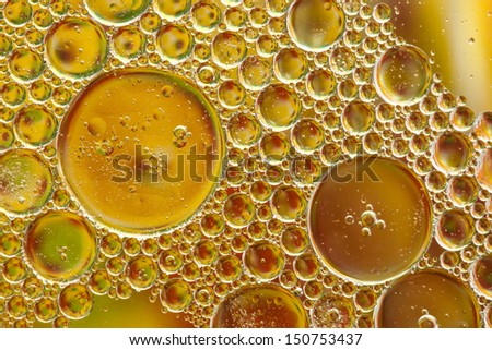 oil and soap mix in water, oil droplets background.