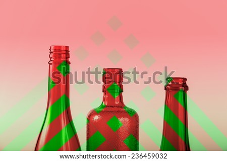 Green and red festive bottles on a gradient triangle background
