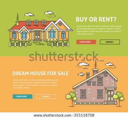 Real estate flat line web banner. Flat linear architecture vector design. Outlined stroke vector realty icons. House for sale concept. Property management, investment, buy, sell, rent house, apartment