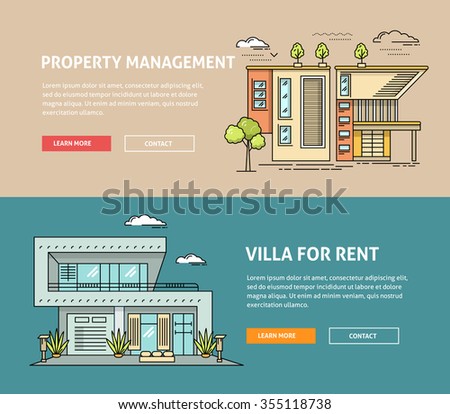 Real estate flat line web banner. Flat linear architecture vector design. Outlined stroke vector realty icons. House for sale concept. Property management, investment, buy, sell, rent house, apartment