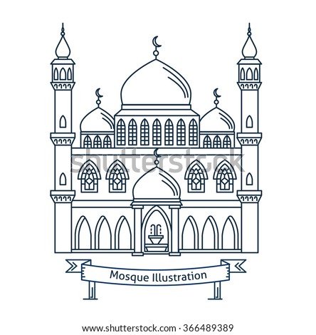Mosque flat line illustration. Islam symbol. Flat line vector architecture illustration. Religion stroke icon. For poster, flyer, web, banner, header, hero image. Ramadan Kareem. Ramadan Mubarak.