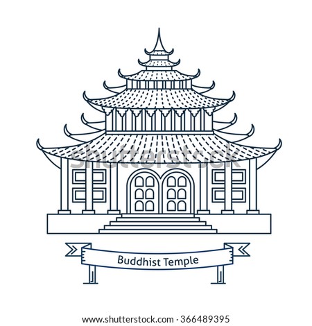 Buddhist temple, monastery. Buddhism symbol. Pagoda house. Flat line vector architecture illustration. Religion stroke icon. Religion building. For poster, flyer, web, banner, header, hero image