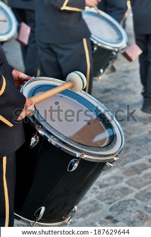 Detail of a Bass drum in a parade by the streets of a town in Spain