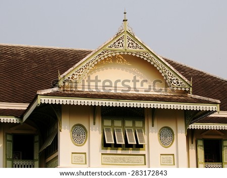 Outdoor perspective view with architecture details of an old vintage colonial style house: KHUM CHAO LUANG, in MUENG PHRAE district in THAILAND.