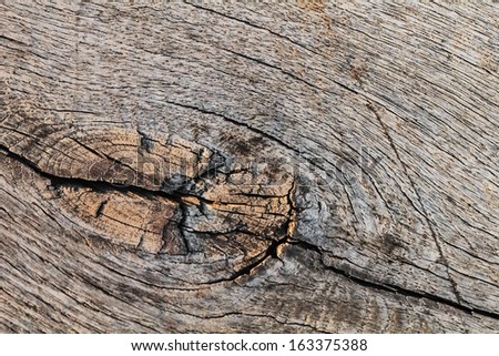Old, rough textured, weathered, cracked plank surface, with wood knot - detail.