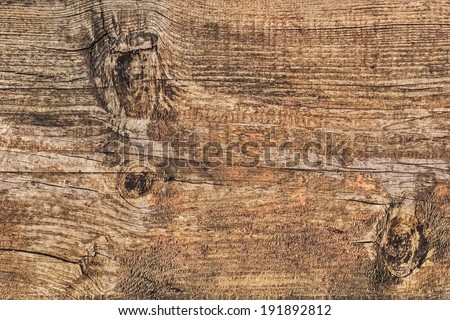 Old, coarse textured, knotted, weathered, cracked, roughly treated, plank surface.