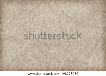 Photograph of recycle beige paper coarse grain, crushed, crumpled, vignette grunge texture sample