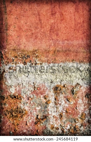 Old, obsolete, badly corroded river raft hut floater metal surface, covered with layer of cement roughcast, cracked decomposed red paint and rust, vignette grunge texture.