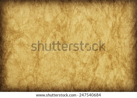Photograph of Recycle Yellow Striped Pastel Paper, coarse grain, bleached, mottled, vignette grunge texture sample.
