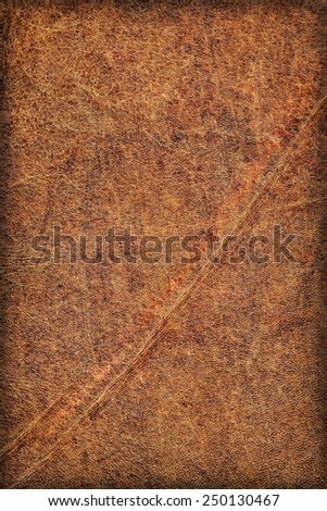 Photograph of old Brown, weathered, rough, creased, coarse grained, exfoliated Cowhide, vignette grunge texture.