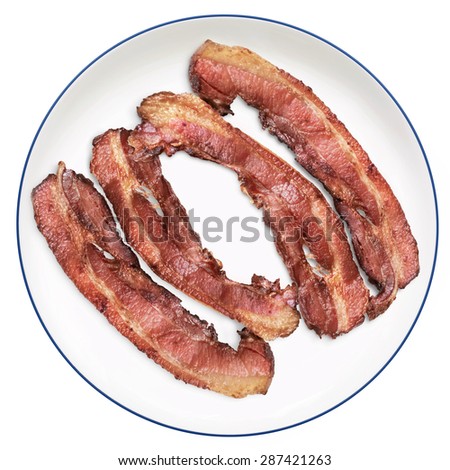 Four Fried Belly Bacon Rashers on White Porcelain Plate, Isolated on White Background.