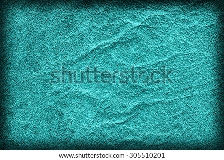 Photograph of Old Cyan Stained Cowhide, Weathered, Coarse, Creased, Exfoliated, Cracked, Vignette Grunge Texture Sample.