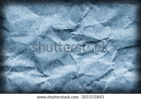 Coarse Recycle Blue Kraft Paper Grocery Bag, Stained, Crushed, Crumpled, Vignette Grunge Texture Detail.