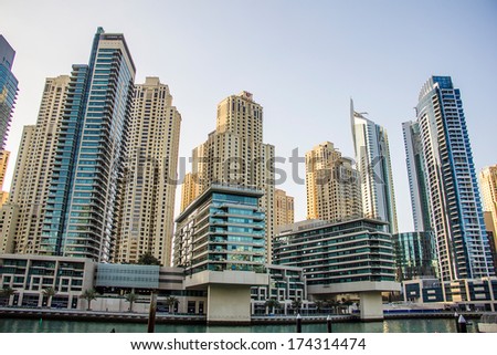 DUBAI - MARCH 24, 2013: Residential skyscrapers and hotels at Dubai Marina taken on March 24, 2013 in Dubai, United Arab Emirates.
