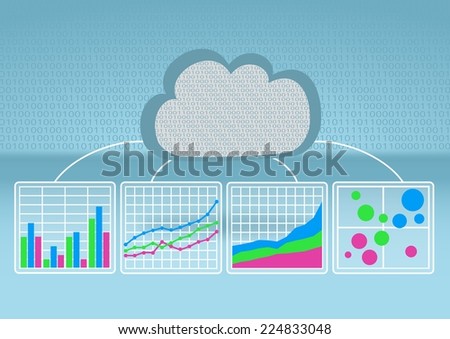 Bar chart, line chart, bubble chart in order to analyze big data from the cloud on light blue background with flat design