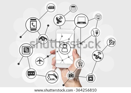 Internet of things (IOT) concept with hand holding modern smart phone