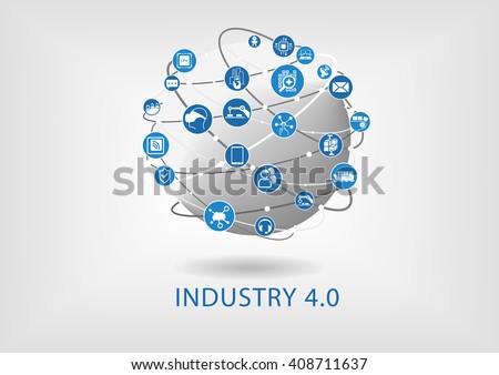 Industry 4.0 infographic. Connected smart devices with globe.