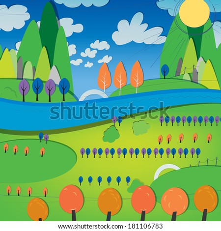 Vector illustration of abstract landscape with sunny valley and river