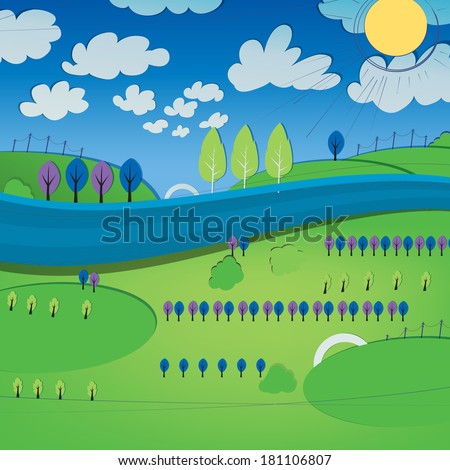 Vector illustration of abstract landscape with trees and river