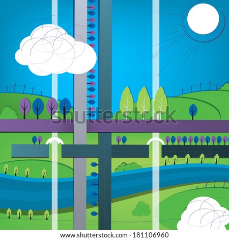 Vector illustration of abstract landscape with roads and river