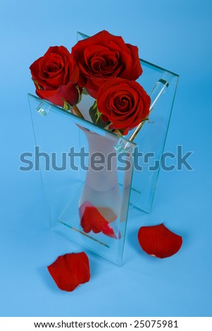 Three red roses in the vase on the blue