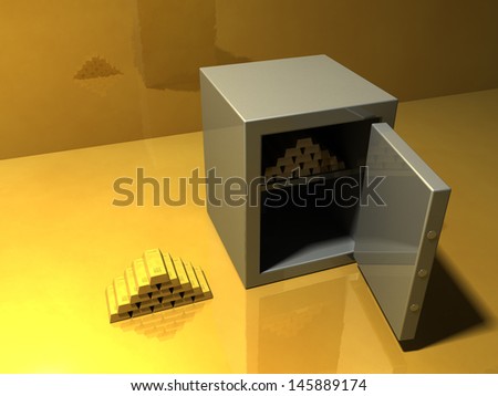 Pile of gold bars and a safe on glossy golden surface