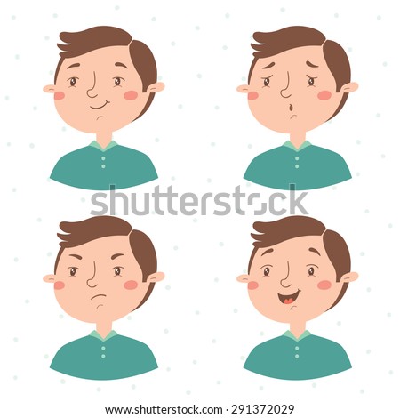 Boy facial expressions vector set. Emotions. Satisfied, sad, angry, happy.
