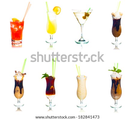 set of colored cocktails with fruits, wine, mint and ice isolated on white background