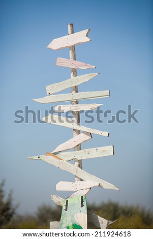 An old wooden signpost with blank arrows for you to add your own text