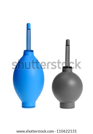 Blue and gray rubber air blower pump dust cleaner isolated on white background