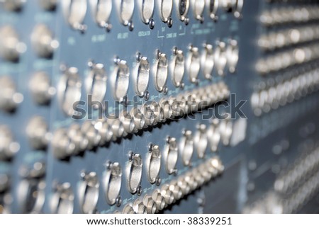Mixing Sockets. Connections of a sound equipment proffesional xir audio patch panel.