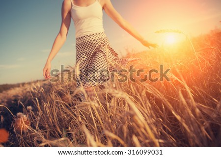 A blurred girl running through the wheat field at sunset (intentional sun glare, lens focus on wheat spikes)