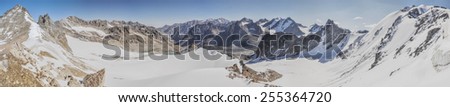Scenic panorama of highest mountain peaks in Ala Archa national park in Tian Shan mountain range in Kyrgyzstan