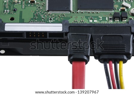 Red serial ATA cable and power cable connector to  hard drive