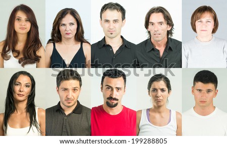 Unbelieving and suspicous people in dilemma and doubt. Collection of multiple facial expression portraits