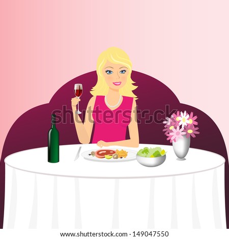 Illustration of pretty girl sitting at table with delicious food and wine in restaurant