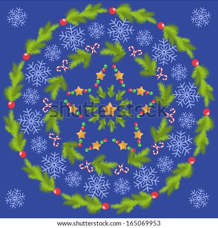 Raster Christmas decorative circular pattern with traditional elements of holiday
