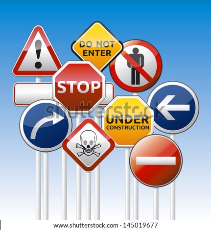 Isolated vector danger road board warning prohibition collection with reflection Isolated vector danger road board warning prohibition collection with reflection