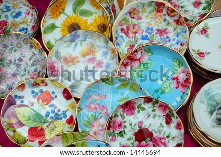 Colorful porcelain dishes for sale in a street market