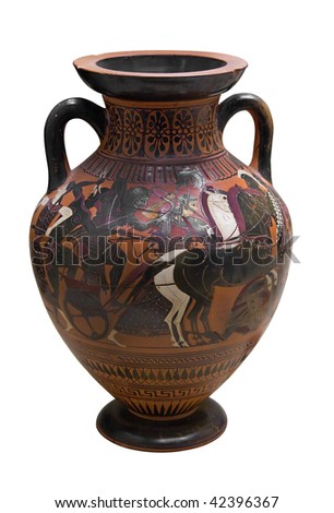 Ancient greek vase in black over red ceramic isolated on white with clipping path