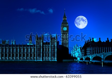 Night scene in London showing the Big Ben, a full moon and Westminster bridge