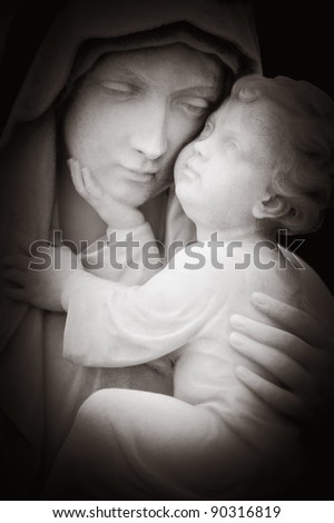 Beautiful black and white image of tlhe virgin Mary and the baby Jesus Beautiful black and white image of tlhe virgin Mary and the baby Jesus
