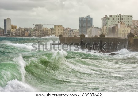 Tropical cyclone in Havana with huge waves hitting the sea wall